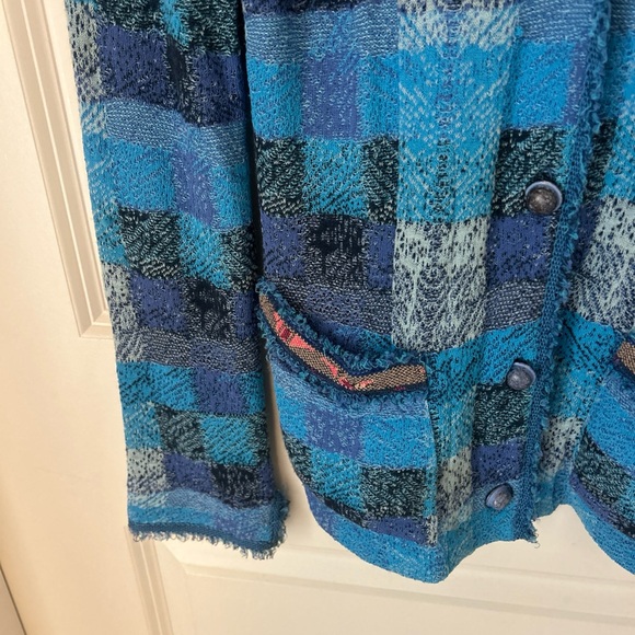 Aldo Martins Blue Patchwork Plaid Shirt Knit Cardigan Fringe Pockets Sz 6 Artsy - Picture 5 of 7